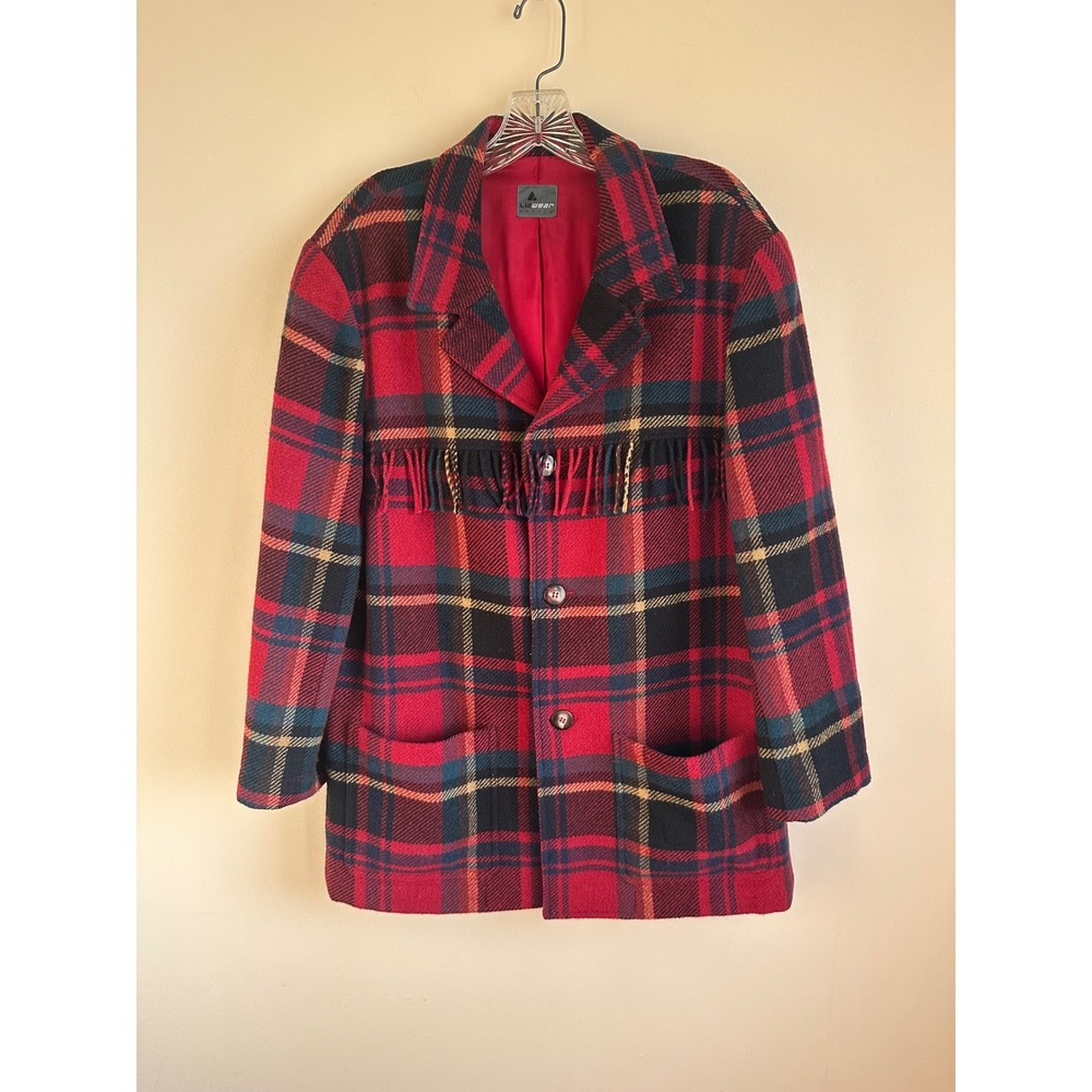 Lizwear Petite Red Plaid Fringe Wool Blend Blazer Jacket Size 8P Shoulder Pads